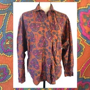 Vintage 80s John Henry Orange Pink Paisley Button Up Ladies Shirt M
